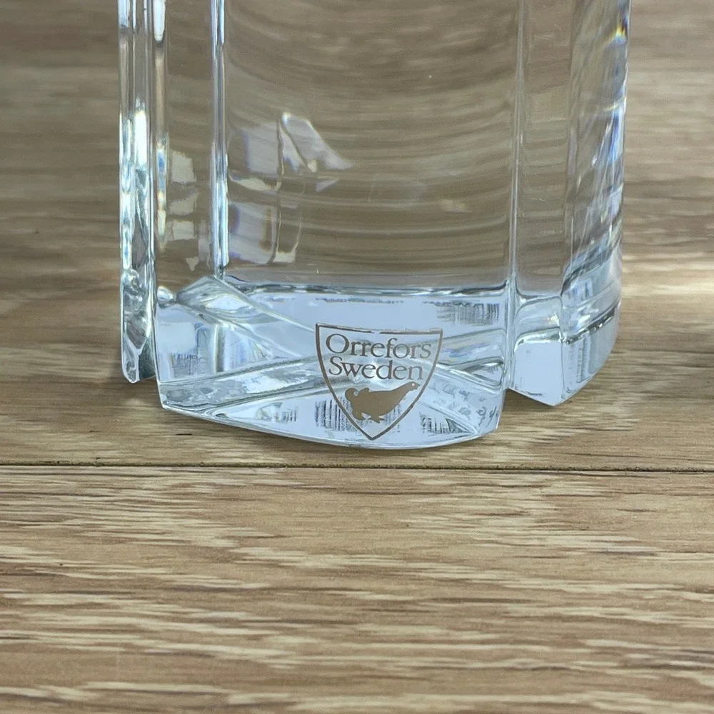 Orrefors Sweden Crystal Bud Vases Pair Hexagonal Tapered Clear Glass 7.5 Inch